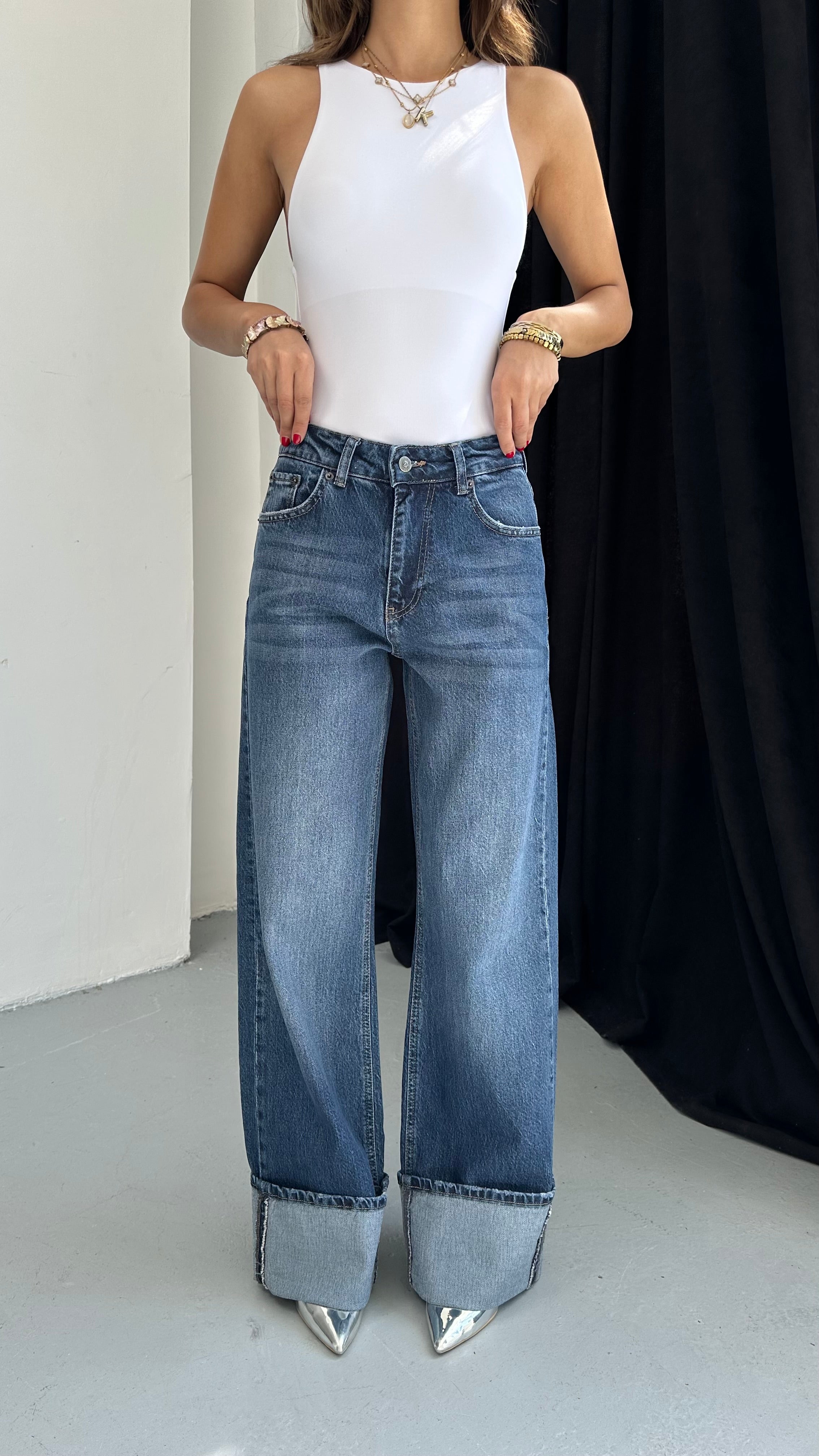 Bayan Wıde Leg Denim Pantolon Paça Katlı