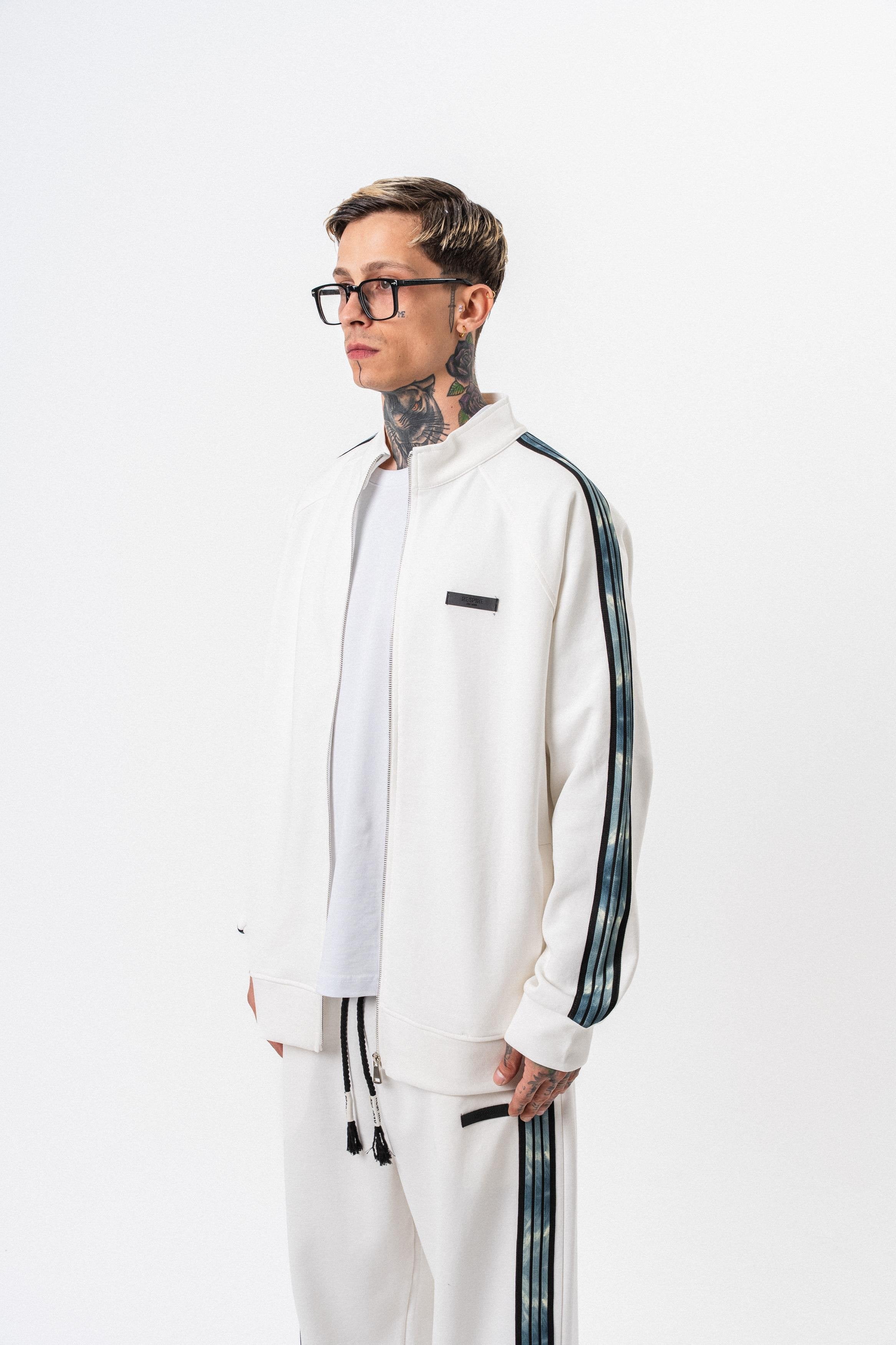 Heren sweatshirt met strepen, opstaande kraag en dubbelzijdige ritssluiting, oversized model.