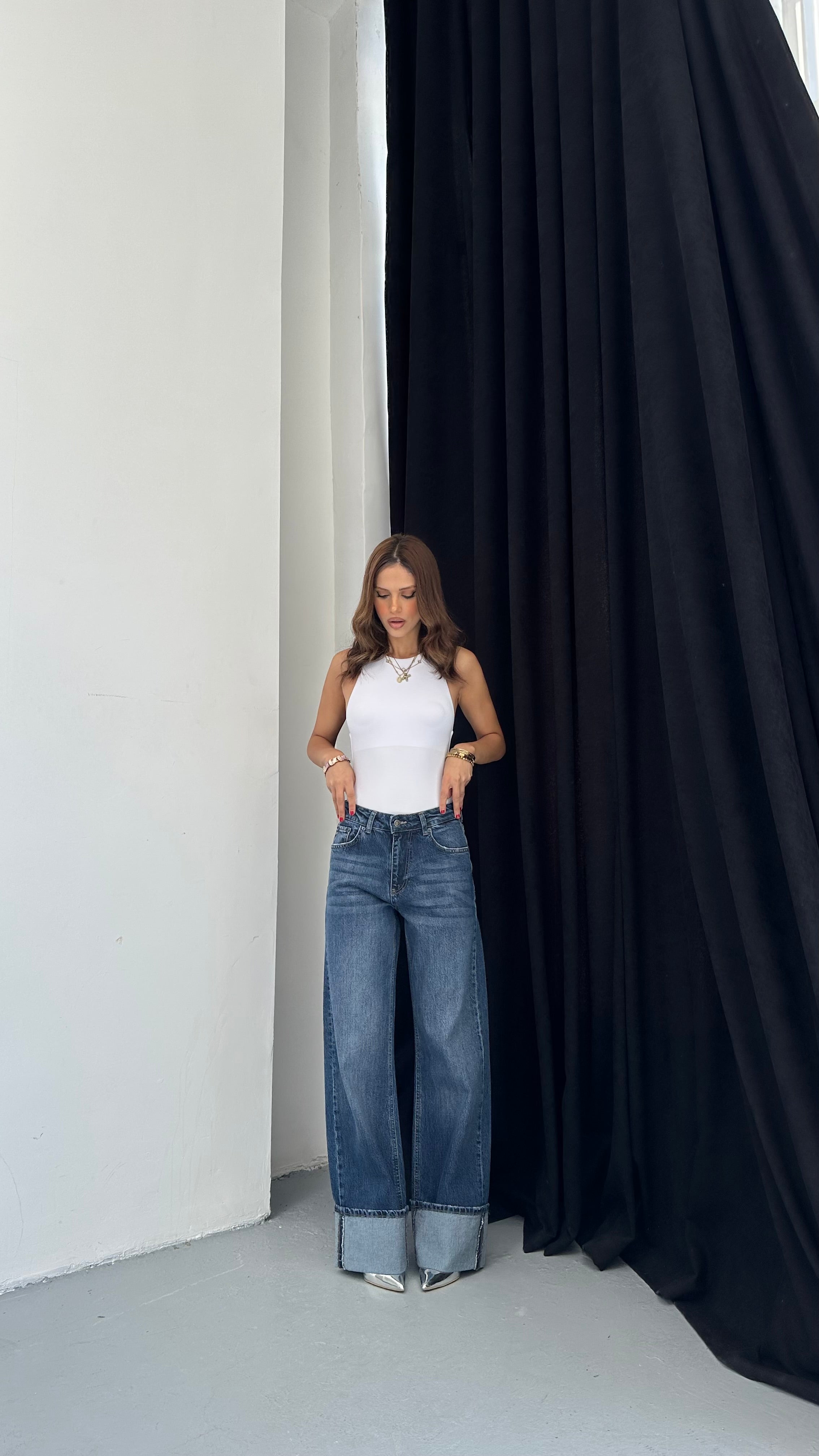 Bayan Wıde Leg Denim Pantolon Paça Katlı