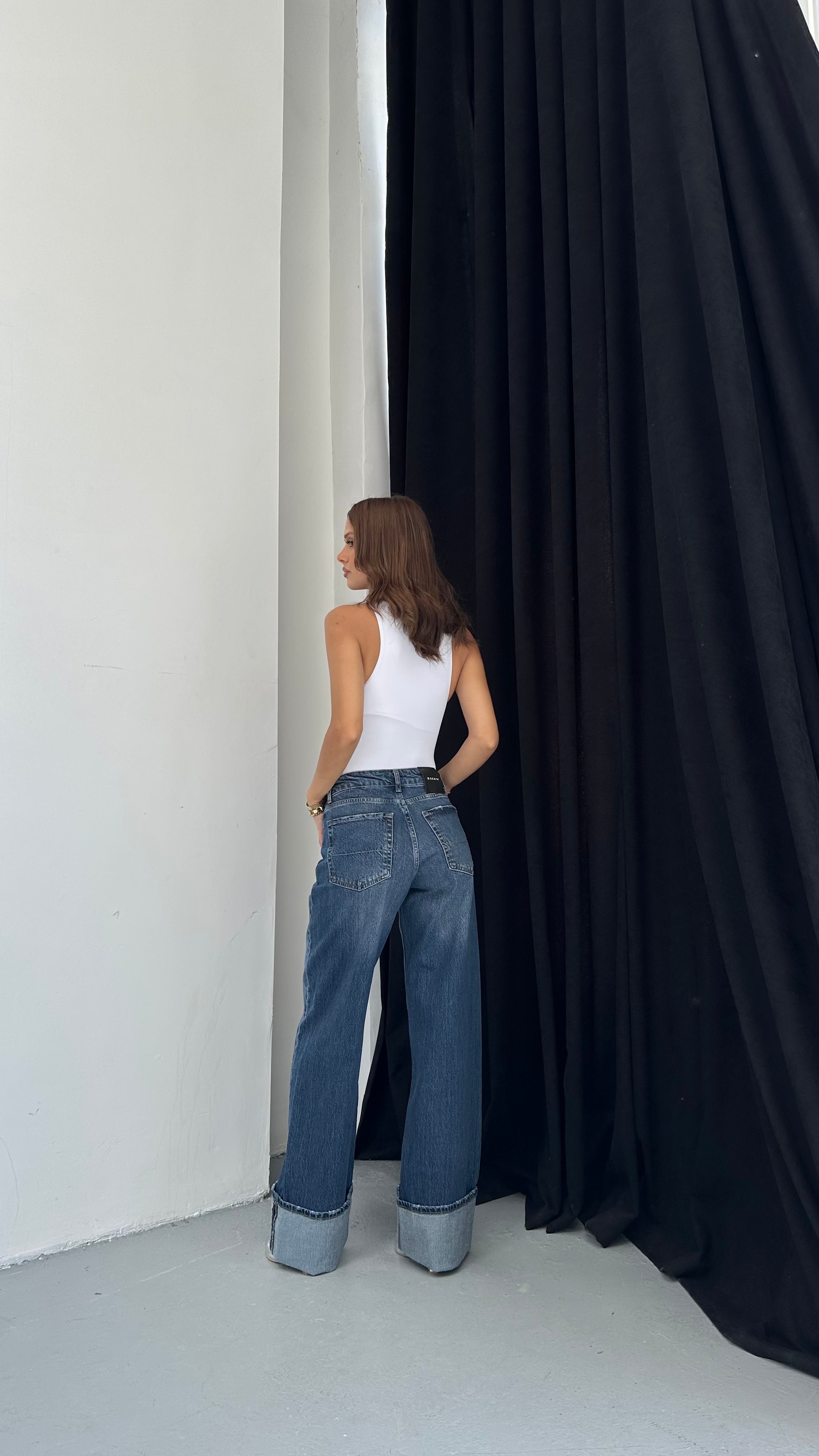 Bayan Wıde Leg Denim Pantolon Paça Katlı