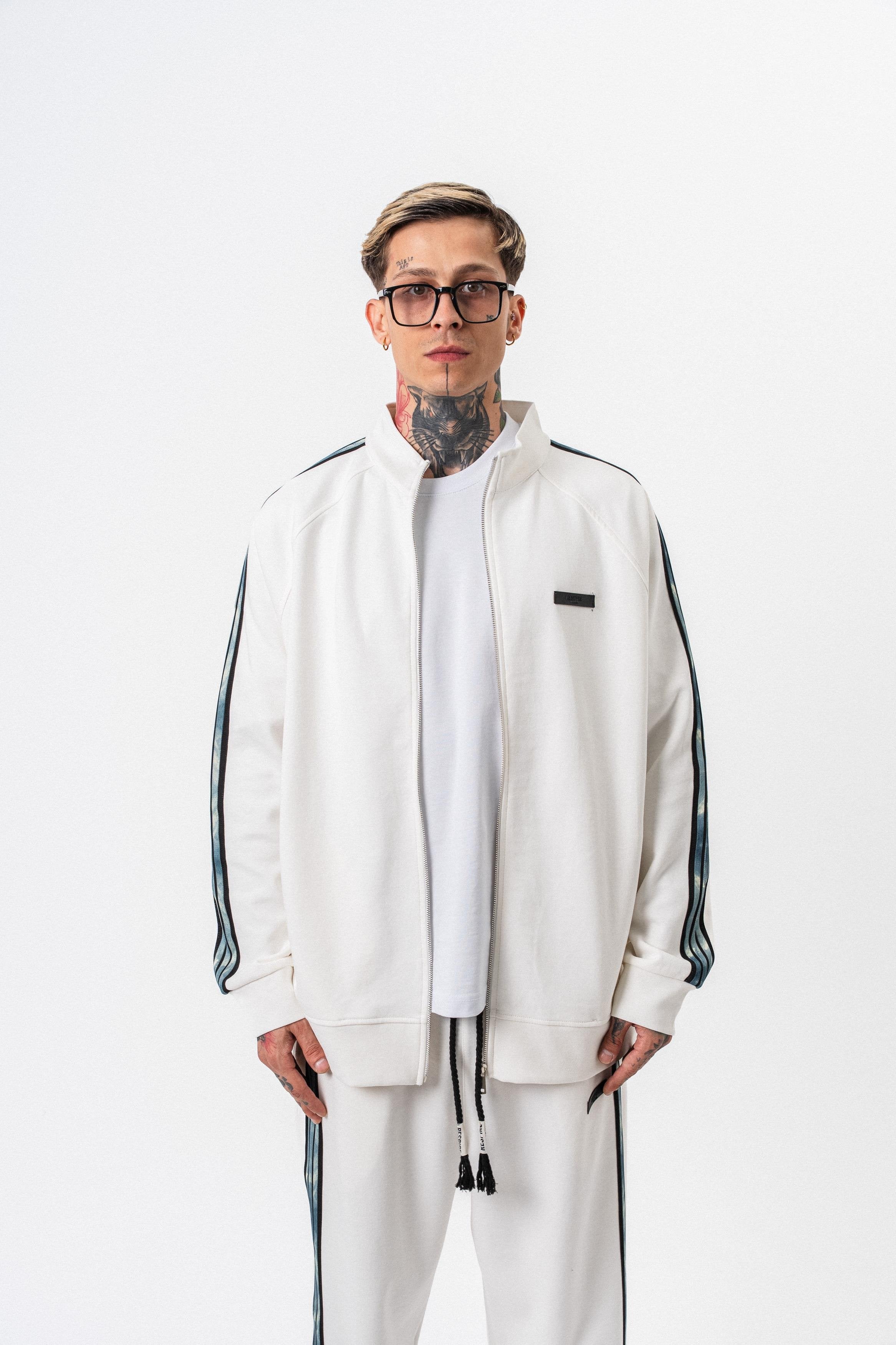 Heren sweatshirt met strepen, opstaande kraag en dubbelzijdige ritssluiting, oversized model.