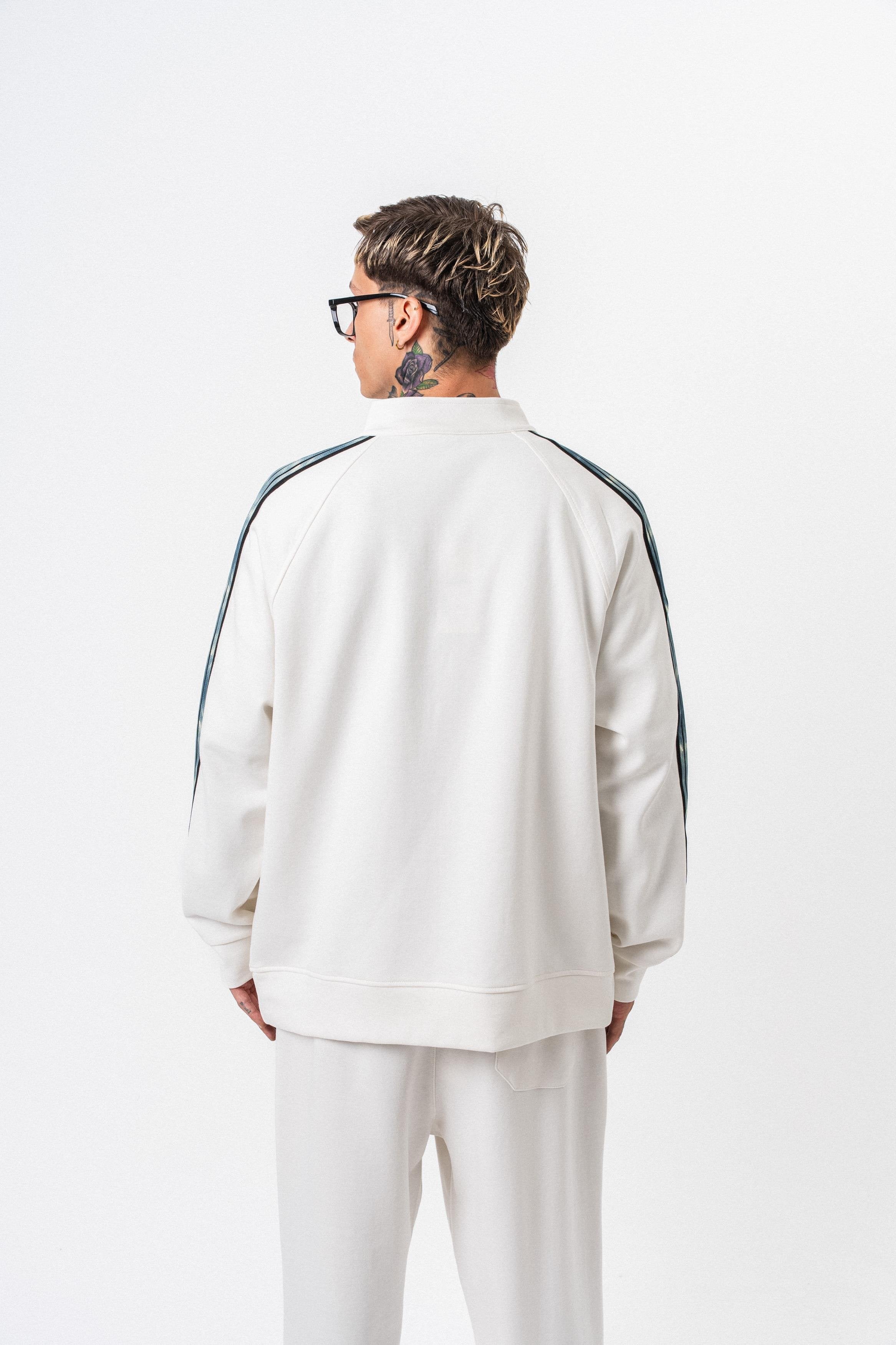 Heren sweatshirt met strepen, opstaande kraag en dubbelzijdige ritssluiting, oversized model.