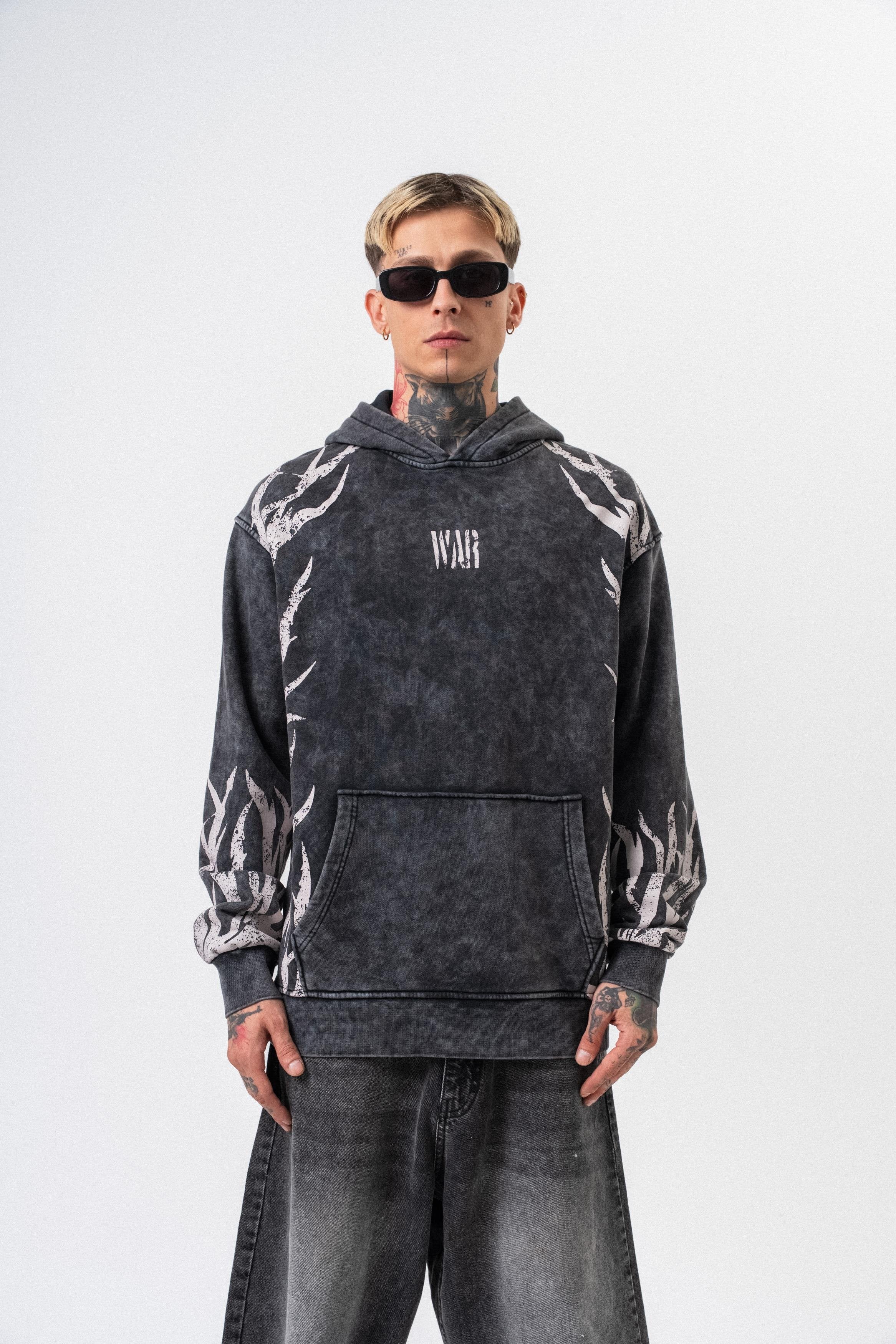 Oversized hoodie met oorlogsprint voor heren, gewassen look